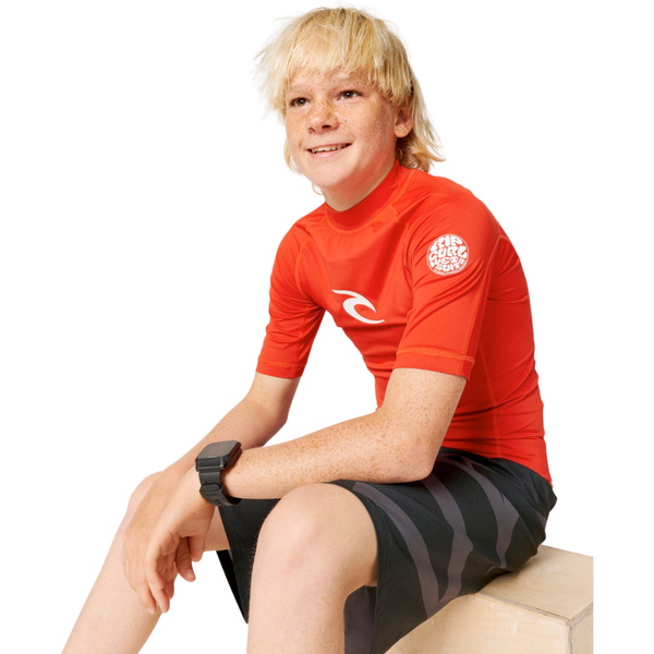 2026 Rip Curl Junior Waves UPF Short Sleeve Rash Vest 136BRV - Lava Red